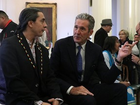 Premier Brian Pallister and Grand Chief Arlen Dumas of the Assembly of Manitoba Chiefs signed a memorandum of understanding to transfer the ownership 23 of Manitoba's northern airports and five marine facilities to First Nations at the Manitoba Legislature on Thursday, Feb. 20, 2020. Josh Aldrich/Winnipeg Sun/Postmedia