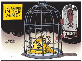 UPLOADED BY: Malcolm Mayes ::: EMAIL: letters@edmontonjournal.com ::: PHONE: 000-000-0000 ::: CREDIT: Malcolm Mayes ::: CAPTION: For Edmonton Journal use only.  Teck Frontier cancellation is the canary in the mine. (Cartoon by Malcolm Mayes)