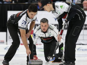 Skip William Lyburn delivers a rock during the 2019 Viterra provincial men's curling championship. (KEVIN KING/Winnipeg Sun)