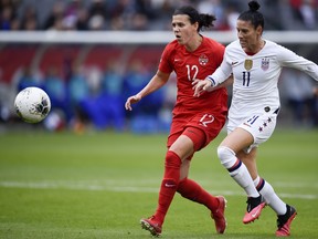 Canada forward Christine Sinclair, left, and United States defender Ali Krieger chase down the ball during the first half of the Concacaf Women's Olympic Qualifying soccer tournament at Dignity Health Sports Park, Feb. 9, 2020. (Kelvin Kuo-USA TODAY Sports)