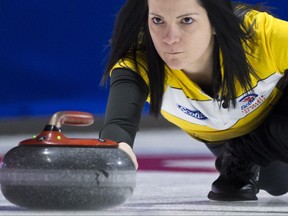 Team Manitoba skip, Kerri Einarson makes a shot during draw 3 against Nunavut at the Scotties Tournament of Hearts in Moose Jaw, Sask., Sunday, Feb. 16, 2020. THE CANADIAN PRESS/Jonathan Hayward