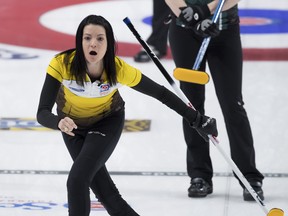Manitoba skip Kerri Einarson reacts to her shot during the 1 vs. 2 Page playoff game against Team Wild Card at the Scotties Tournament of Hearts in Moose Jaw, Sask., yesterday.  the Canadian press