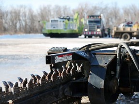 An ice cutting saw is ready for action. Ice cutting and Amphibex machines hit the ice on the Red River north of Selkirk, Man., on Monday, Feb. 24, 2020.