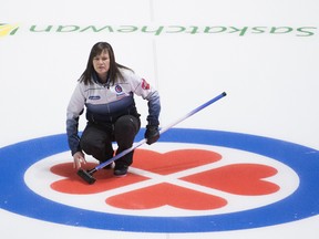 Nova Scotia skip, Mary-Anne Arsenault watches her shot during draw 10 against team Ontario at the Scotties Tournament of Hearts in Moose Jaw, Sask., Tuesday, February 18, 2020. THE CANADIAN PRESS/Jonathan Hayward