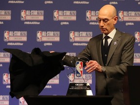 NBA commissioner Adam Silver unveils the Kobe Bryant MVP Award at a press conference during NBA All Star Saturday Night at United Center.