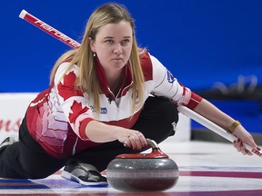 Team Canada skip Chelsea Carey makes a shot against Quebec at the Scotties Tournament of Hearts in Moose Jaw, Sask., Monday, February 17, 2020. (THE CANADIAN PRESS/Jonathan Hayward)