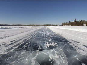 A winter road which crosses Shoal Lake to Shoal Lake 40 first nation is photographed on Wednesday, February 25, 2015. Plans are underway to supply Churchill, Man., with an ice road as the rail link that normally provides a lifeline to the community remains out of commission. Mark Kohaykewych, president of Polar Industries, said Friday the company has partnered with the Fox Lake Cree Nation and Churchill-based Remote Area Services to carve out an ice road along the 300 kilometres of wilderness between the end of the working rail line at Gillam, Man., and Churchill.