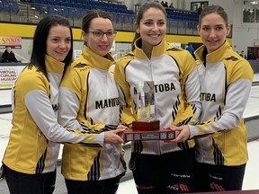 (left to right) Skip Kerri Einarson, third Val Sweeting, second Shannon Birchard and lead Brianne Meilleur pose with the championship trophy after capturing the Manitoba women’s curling championship with an 8-6 win over eight-time winner Jennifer Jones at the Riverdale Community Centre, in Rivers, Man., on Sunday, Feb. 2, 2020. TED WYMAN/Winnipeg Sun/Postmedia Network