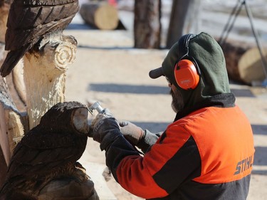 Ernie Reimer carves an owl as he participates in the wood carving challenge on the final day of the 51st annual Festival du Voyageur in Winnipeg, Man., on Sunday, Feb. 23, 2020.