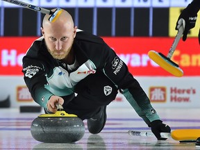 Skip Brad Jacobs throws his rock during the 2019 Home Hardware Canada Cup at the Leduc Recreation Centre, November 27, 2019. (Ed Kaiser/Postmedia)