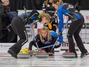 Winnipeg skip Jennifer Jones follows progress of her rock during the semifinal of the the 2020 provincial women’s curling championship on Sunday, Feb. 2, 2020, in Rivers, Man. The 45-year-old from Winnipeg beat top seed, defending champion and Canadian No. 1 Tracy Fleury 8-7 in an extra end in the semifinal of the provincial Scotties Tournament of Hearts Sunday morning. Jones will face Gimli’s Kerri Einarson, the 2016 Manitoba champion, in the final. The winner of the game will represent Manitoba at the national Scotties in Moose Jaw, Sask., Feb. 14-22. Connie Laliberte/Curl Manitoba