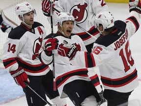 New Jersey Devils Jordin Tootoo celebrates his goal against the Senators Thursday Oct 22, 2015. Tootoo spoke to Red River College students about mental health on Wednesday Feb. 5, 2020. Tony Caldwell/Ottawa Sun file