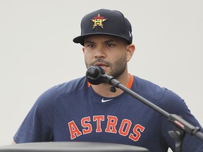 Jose Altuve of the Houston Astros speaks during a press conference at FITTEAM Ballpark of The Palm Beaches on February 13, 2020 in West Palm Beach. (Michael Reaves/Getty Images)
