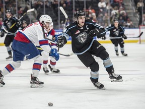 Samuel Stewart of the Edmonton Oil Kings, missed his check on Peyton Krebs of the Winnipeg Ice at Rogers Place on February 1, 2020.