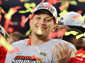 Patrick Mahomes of the Kansas City Chiefs celebrates after defeating the San Francisco 49ers in Super Bowl LIV at Hard Rock Stadium on February 2, 2020 in Miami. (Kevin C. Cox/Getty Images)