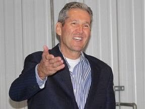 Manitoba Premier Brian Pallister at a press conference in Portage la Prairie, on Tuesday, to announce that the Manitoba government will provide more than $61 million to support the upgrade of the Portage la Prairie's water pollution control facility.