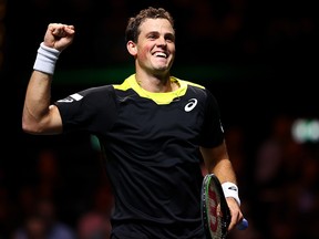Vasek Pospisil of Canada celebrates his victory against Daniil Medvedev of Russia at the ABN AMRO World Tennis Tournament at Rotterdam Ahoy on February 12, 2020 in Rotterdam, Netherlands. (Dean Mouhtaropoulos/Getty Images)