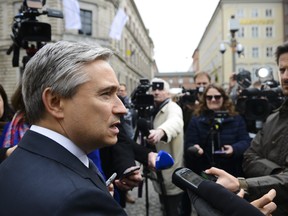 Minister of Foreign Affairs Francois-Philippe Champagne speaks to reporters at the Munich Security Conference in Munich, Germany on Friday, Feb. 14, 2020. THE CANADIAN PRESS/Sean Kilpatrick