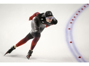 Canada's Ivanie Blondin skates during the women's 3000-metre competition at the ISU World Cup speedskating event in Calgary, Alta., Friday, Feb. 7, 2020.THE CANADIAN PRESS/Jeff McIntosh