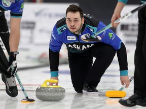 Skip Tanner Horgan delivers a shot during the provincial men’s curling championship at Eric Coy Arena in Winnipeg on Wednesday. Horgan, Colton Lott, Kyle Doering and Tanner Lott are looking to make some noise at this week’s event. (KEVIN KING/WINNIPEG SUN)