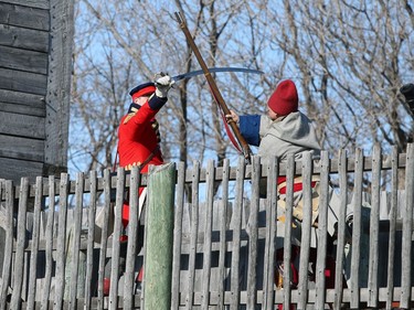 The reenactment of the Red River Skirmish between La Compagnie de La Vérendrye and the Forces of Lord Selkirk takes place inside Fort Gilbraltar on the final day of the 51st annual Festival du Voyageur in Winnipeg, Man., on Sunday, Feb. 23, 2020.