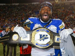 Winnipeg Blue Bombers Willie Jefferson celebrates after defeating the Hamilton Tiger-Catsthe 107th Grey Cup in Calgary on Sunday, Nov. 24, 2019.