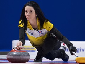 Manitoba skip Kerri Einarson releases a rock during the Scotties Tournament of Hearts in Moose Jaw, Sask., Friday, February 21, 2020. (THE CANADIAN PRESS/Jonathan Hayward)