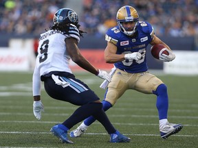 Winnipeg Blue Bombers WR Julian Feoli-Gudino (right) fakes Toronto Argonauts DB DB Akwasi Owusu-Ansah behind during CFL action in Winnipeg on Thurs., July 13, 2017. After two seasons away Kevin King/Winnipeg Sun