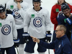 Jets head coach Paul Maurice makes a point during practice earlier this year.