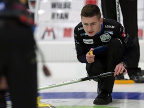 Skip Ryan Wiebe tracks an incoming shot during the provincial men's curling championship at Eric Coy Arena in Winnipeg on Thurs., Feb. 6, 2020. Kevin King/Winnipeg Sun/Postmedia Network