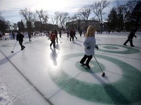 Players take part in the 2020 Ironman Outdoor Curling Bonspiel at Memorial Park on Saturday.