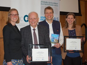 (Left to right) Canada’s Minister of International Development Karina Gould, Foodgrains Bank executive director Jim Cornelius, iDE Canada’s CEO Stu Taylor and iDE Canada’s program director Tiffany Koberstein. iDE Canada and Jim Cornelius, executive director of Canadian Foodgrains Bank, were presented with the Lewis Perinbam Innovation and Impact Awards at a ceremony in Ottawa on Friday.