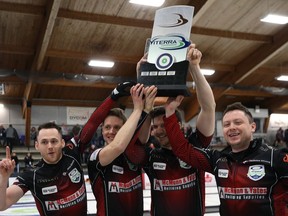 Lead Conner Njegovan, second Adam Casey, third Alex Forrest and skip Jason Gunnlaugson (from left) hold the Viterra Championship trophy after beating Mike McEwen in the provincial men's curling championship final at Eric Coy Arena in Winnipeg on Feb. 9, 2020. Kevin King/Winnipeg Sun/Postmedia Network