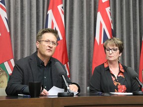 Infrastructure Minister Ron Schuler and Indigenous and Northern Affairs Minister Eileen Clarke update the media on the consultation process for the Lake Manitoba and Lake St. Martin outlet projects at the Manitoba Legislature in Winnipeg on Monday.