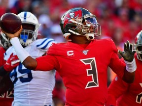 Jameis Winston of the Tampa Bay Buccaneers throws a pass during the fourth quarter of a football game against the Indianapolis Colts at Raymond James Stadium on December 8, 2019 in Tampa, Florida.