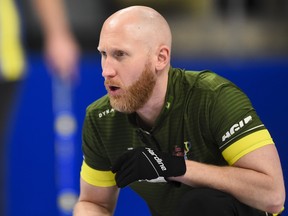 Team Northern Ontario skip Brad Jacobs takes on Team Quebec at the Brier in Kingston, Ont., on Tuesday, March 3, 2020. (THE CANADIAN PRESS/Sean Kilpatrick)