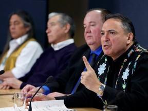 Assembly of First Nations (AFN) National Chief Perry Bellegarde speaks to the news media at the National Press Theatre in Ottawa, Ontario, Canada on Feb. 18, 2020. (REUTERS/Patrick Doyle)