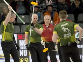 Northern Ontario skip Brad Jacobs (second from left) in action at the Brier in Kingston, Ont., on Wednesday, March 4, 2020.