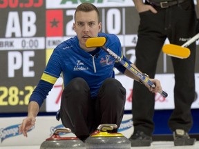 Brendan Bottcher in action at the Brier in Kingston, Ont., on Wednesday, March 4, 2020.