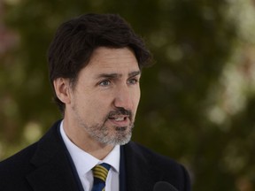 Prime Minister Justin Trudeau addresses Canadians on the COVID-19 pandemic from Rideau Cottage in Ottawa on Friday, March 27, 2020.