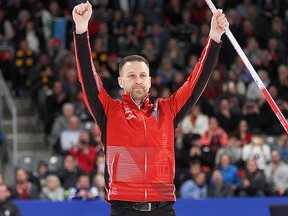 Newfoundland and Labrador skip Brad Gushue celebrates his teams' 7-3 win over Alberta during the final of the 2020 Tim Hortons Brier in Kingston on Sunday March 8, 2020.