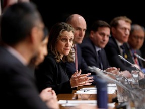 Canada's Deputy Prime Minister Chrystia Freeland speaks at a news conference on the coronavirus disease (COVID-19) outbreak on Parliament Hill in Ottawa, Ontario, Canada March 19, 2020.