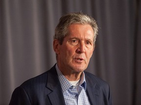 Manitoba Premier Brian Pallister speaks to media during day two of the Liberal Cabinet Retreat in Winnipeg on January. 20, 2020.