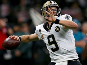 Drew Brees of the New Orleans Saints throws a 62-yard pass to break Peyton Manning's record for All-Time Passing Yards during a game against the Washington Redskins at Mercedes-Benz Superdome on Oct. 8, 2018, in New Orleans, La.
