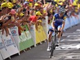 France's Julian Alaphilippe reacts at the finish line of the eighth stage of the Tour de France in Saint-Etienne, on July 13, 2019. (MARCO BERTORELLO/AFP/Getty Images)