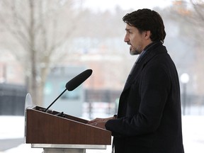 Prime Minister Justin Trudeau speaks during a news conference on COVID-19 situation in Canada from his residence March 23, 2020, in Ottawa.