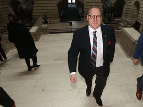 Scott Fielding, Manitoba's Minister of Finance at the Legislative Building last Wednesday. Manitoba's budget was not tabled Wednesday as planned.