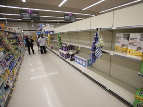 Toilet paper is selling fast, as this almost empty shelf at the Safeway on River Avenue and Osborne Street shows on Thursday.  
Chris Procaylo/Winnipeg Sun