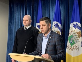 Mayor Brian Bowman (right) and Jason Shaw, Manager of City of Winnipeg Emergency Operations Centre, update the media on City of Winnipeg’s response to COVID-19 on Saturday, March 14 at City Hall in Winnipeg.