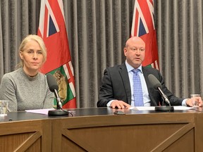 Lanette Siragusa, provincial lead, health system integration and quality, Shared Health (left), and Dr. Brent Roussin, chief provincial public health officer speak to the media at the Manitoba Legislative Building in Winnipeg on Saturday, March 14, 2020. GLEN DAWKINS/Winnipeg Sun/Postmedia Network